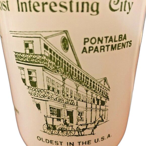 Vintage New Orleans Milk Glass Souvenir Coffee Mug, White W/Green  Pedestal  Cup - Picture 4 of 8